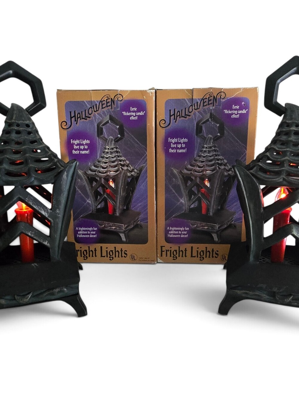 2 Halloween Gemmy Lantern Flickering Candle Fright Lights w/Spare Bulbs, 2006